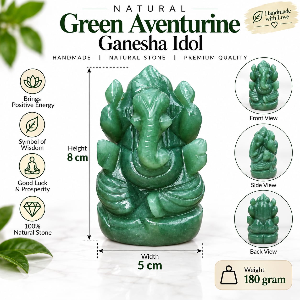 Natural Green Aventurine Ganesha Idol 180g - Handcarved Crystal Ganesh Murti 8cm Height 5cm Width - Front Side Back View